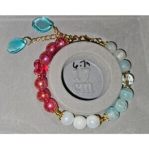 Red White Blue Wire Bracelet w Red Butterfly and Blue beaded Dangle Charms #329